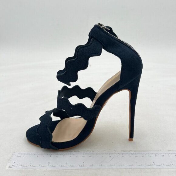 FSJ Navy Hot Open Toe Strappy Heeled Sandals Suede Dress Shoes for Party Wedding - Picture 2 of 8